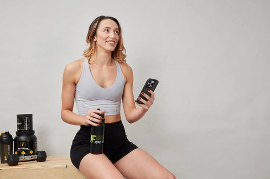 Black protein bottle promoting mind-body connection and reducing stress for mental health