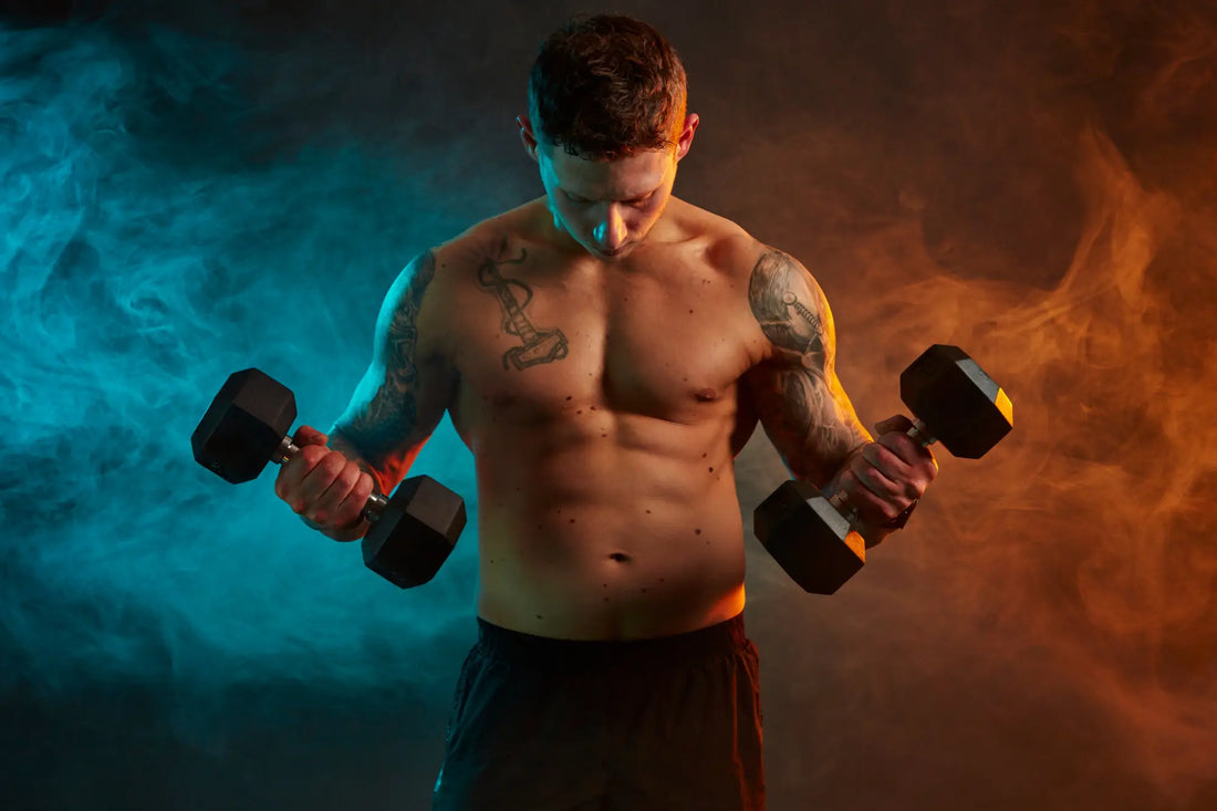 Muscular man lifting dumbbells to stimulate muscle growth in a legs split workout