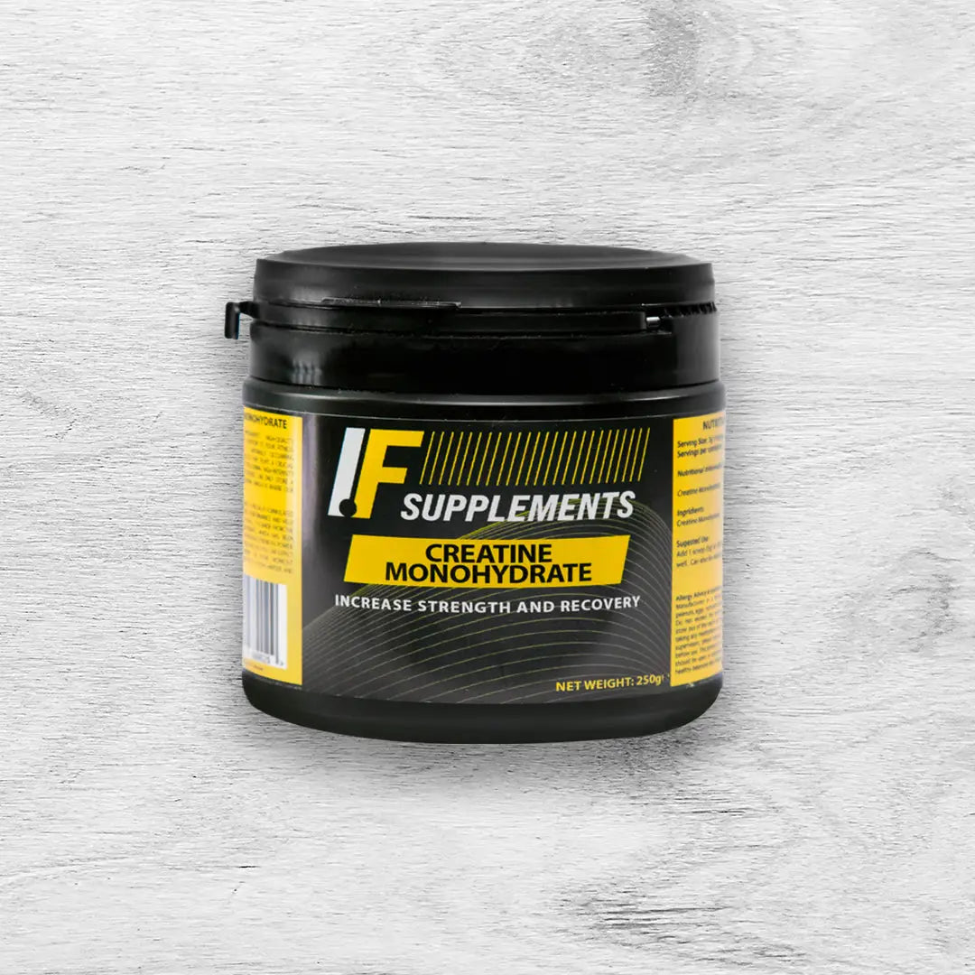 Black container of creatine monohydrate, a popular form of creatine for the body