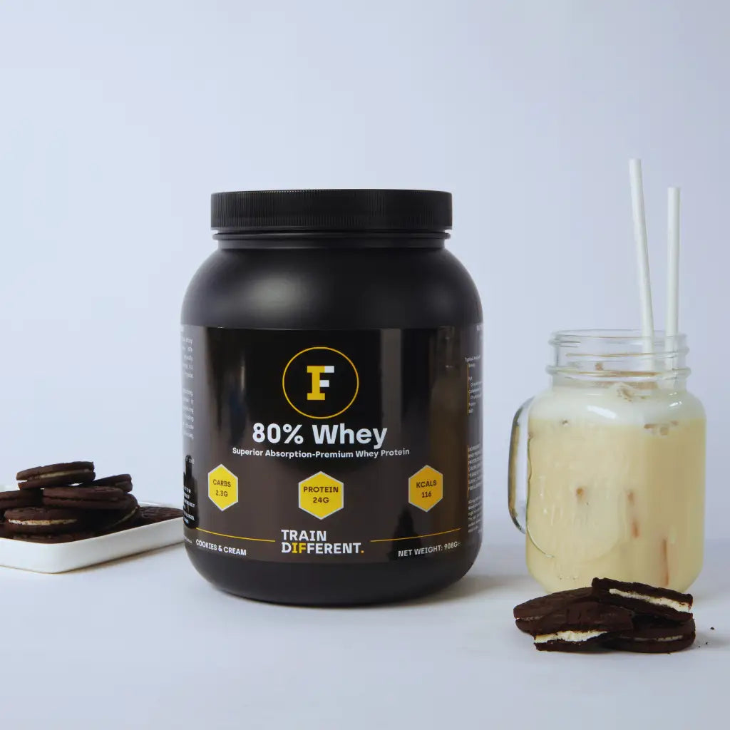 Black protein powder container of high-quality whey protein with cookies and cream flavour