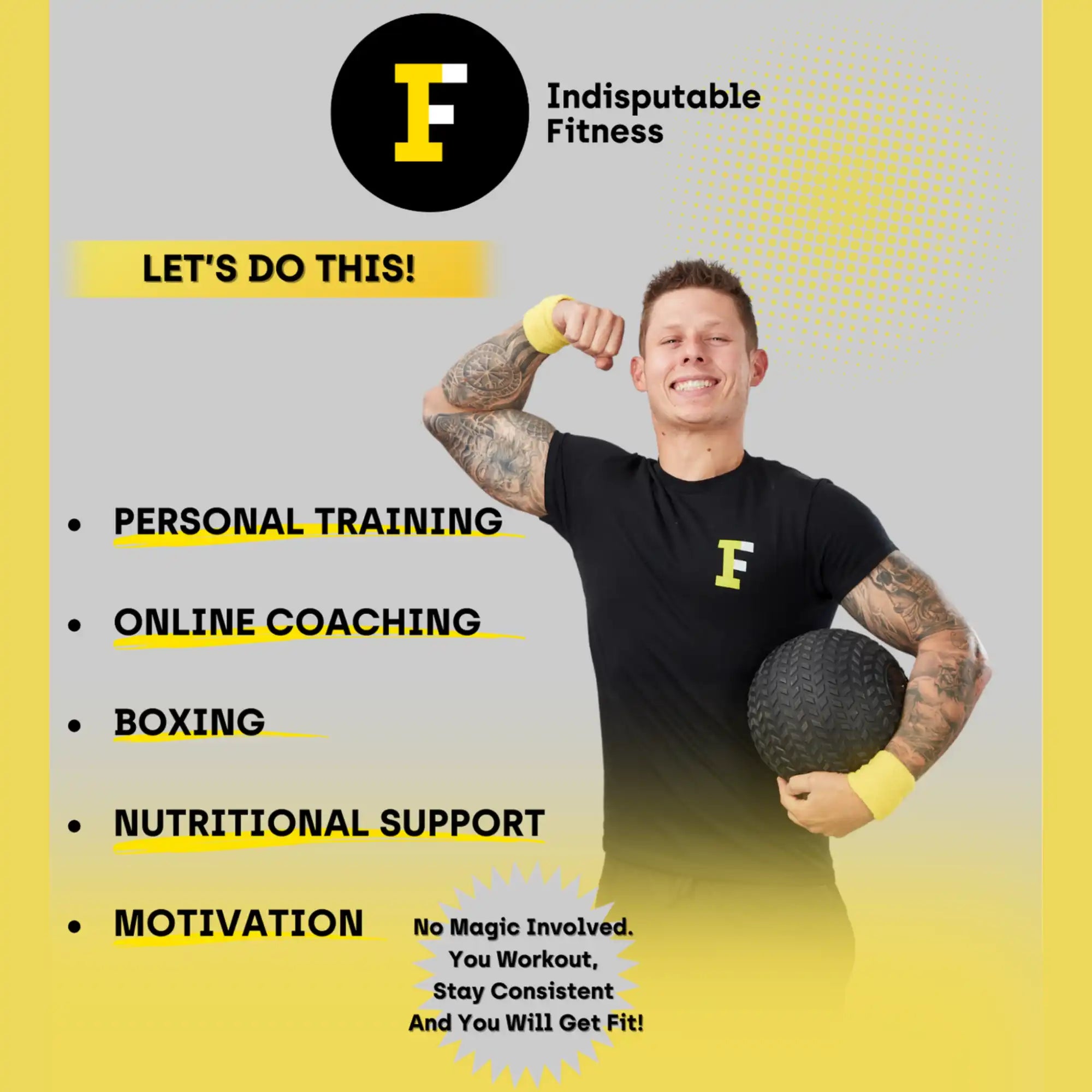 A fitness advertisement showing services including personal training, boxing, and nutritional coaching.