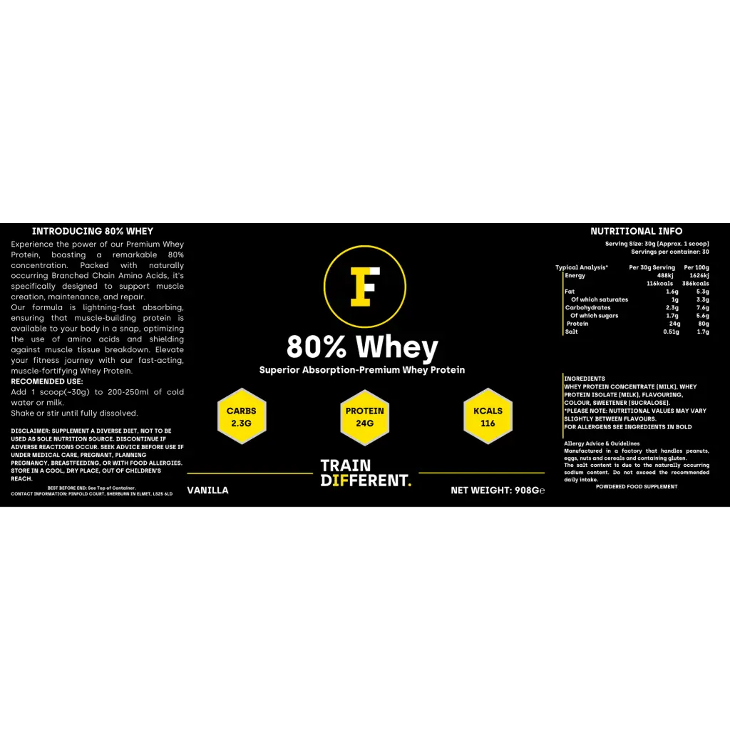 High-quality whey protein vanilla flavour supplement label showcasing great taste