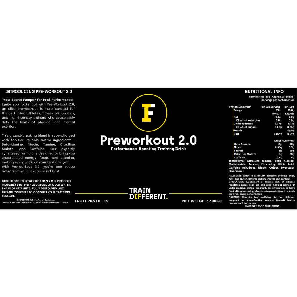 Effective pre-workout supplement label featuring fruit pastilles ingredients Market Today