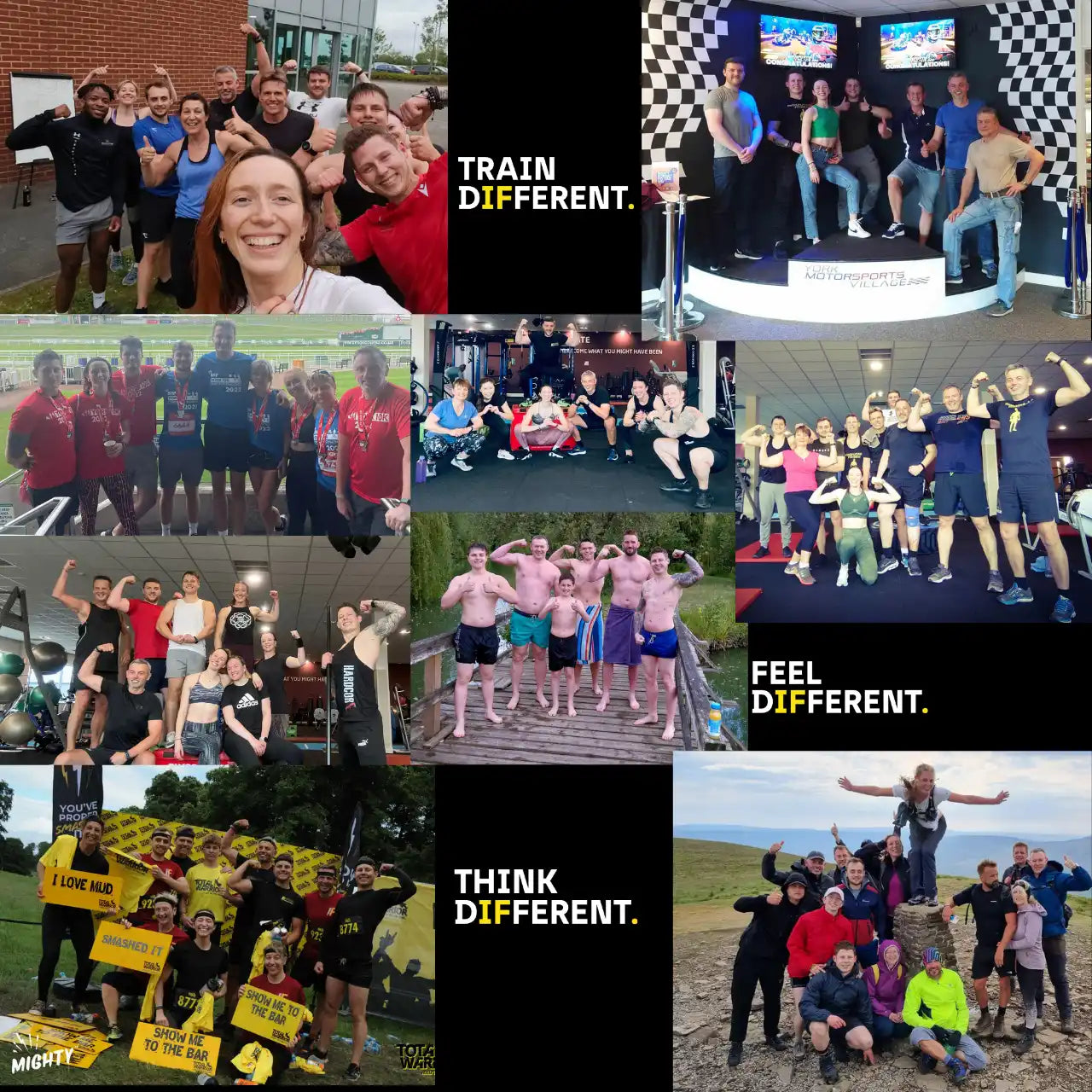 Photo collage of fitness groups and workout teams posing together in various outdoor and indoor settings.