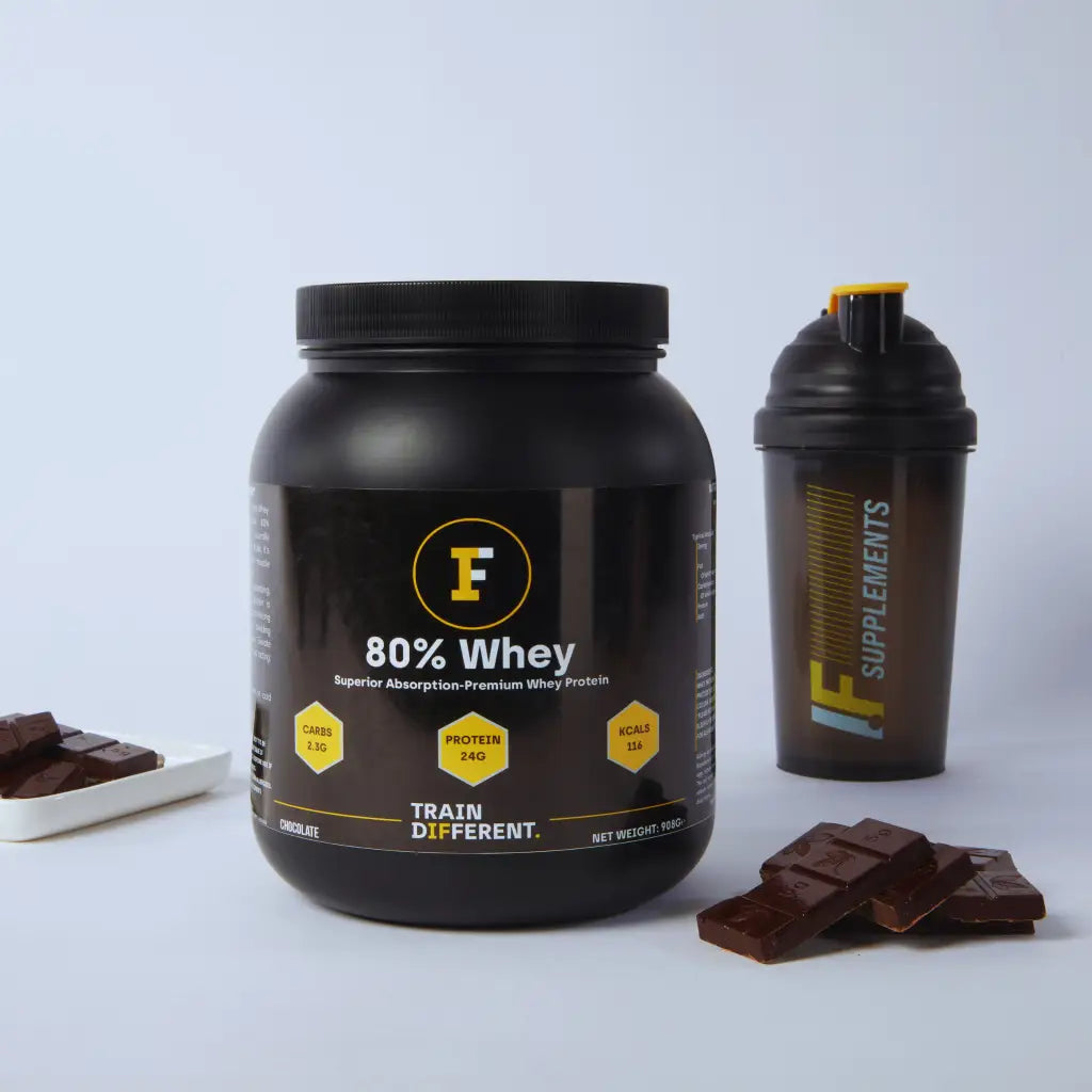Black container of high-quality whey protein powder in chocolate flavour for great taste