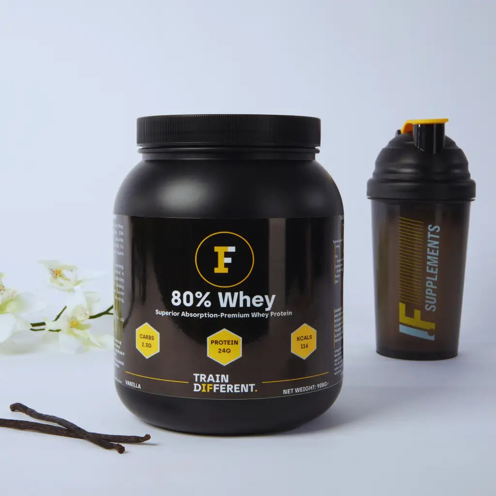 Black protein powder container for high-quality whey protein with vanilla flavour great taste