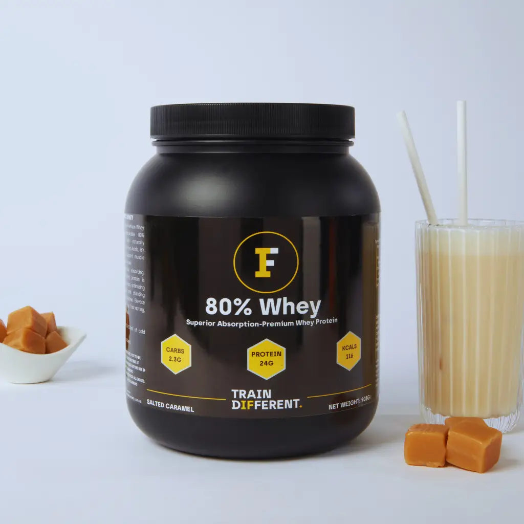 Black container of 80% high-quality whey protein with salted caramel flavour for great taste